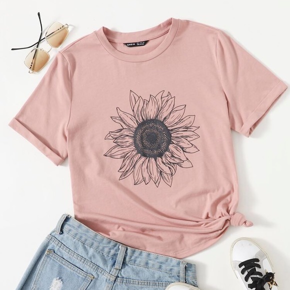 SHEIN SHEIN EZwear Rolled Sleeve Sunflower Print Tee in Pink, Size XS, NIB - Picture 2 of 10
